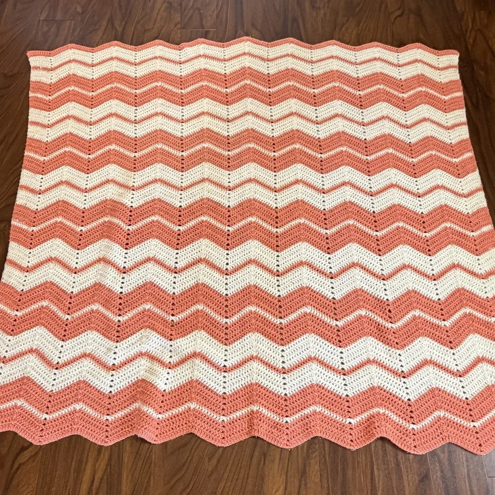 VTG Crochet Chevron Blanket Afghan Coral Cream Zig Zag Handmade 60x63 Boho